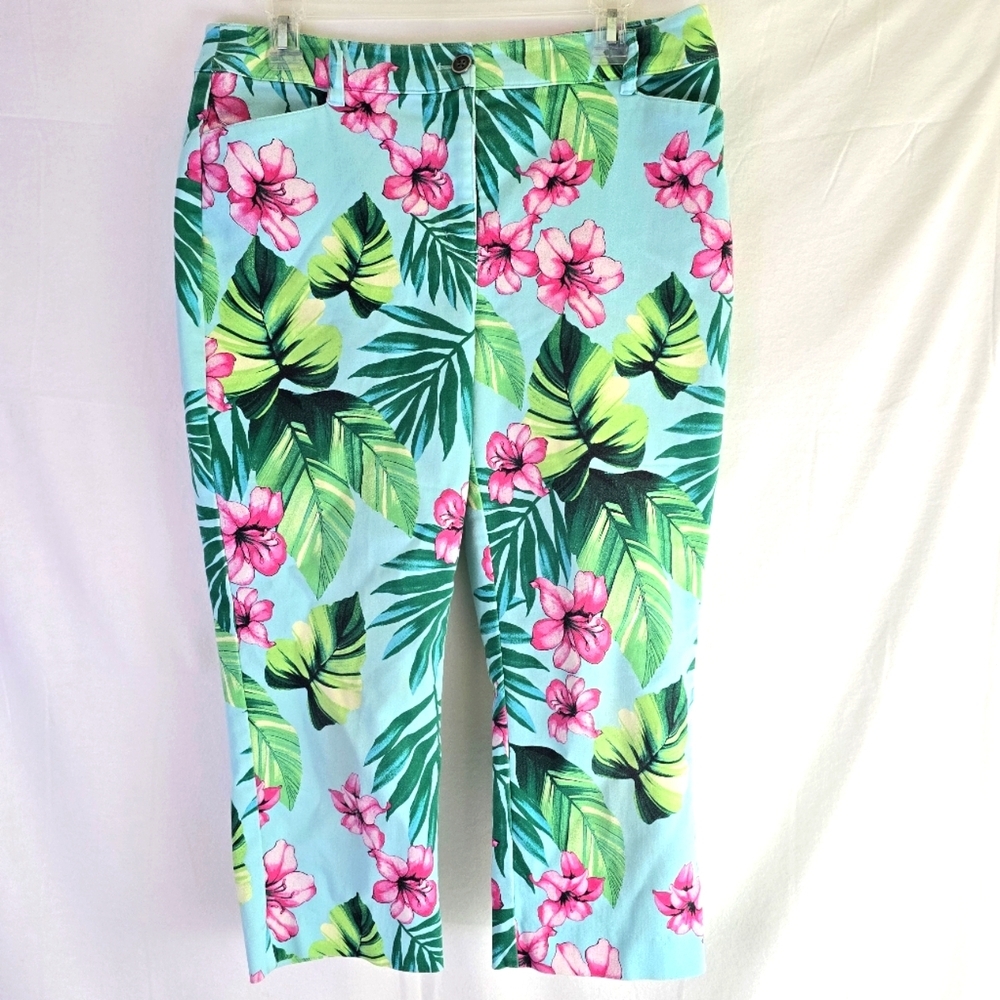 Chicos Sz 1 Perfect Stretch Mystical Blue Blossoms Floral Tropical Capri Pants - Picture 2 of 12